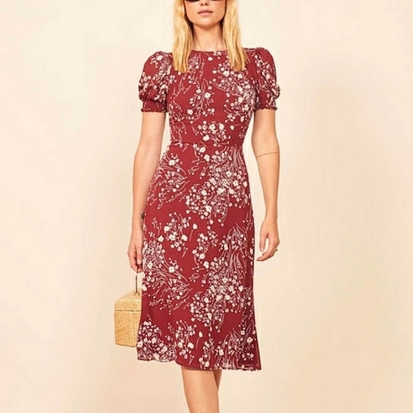 Red Floral Smocked Puff Sleeve Midi Dress - Picture 15 of 15